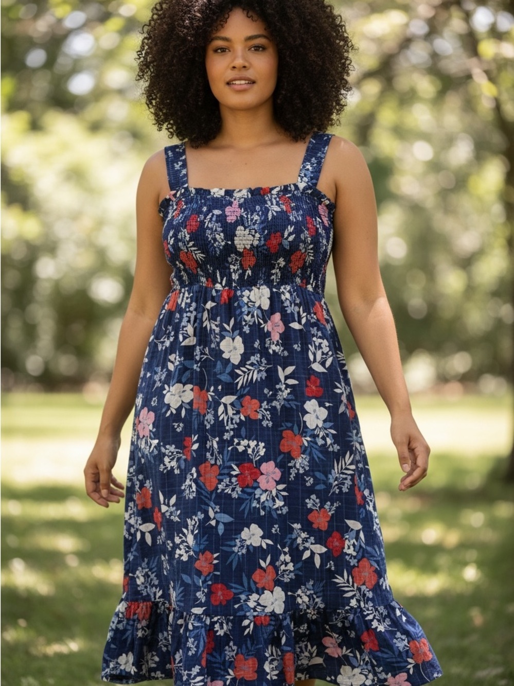 Draper James Navy Floral Smocked Midi Dress with Lining and Pockets 3X
